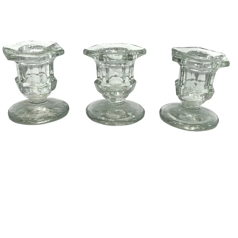 MOULDED/PRESSED CLEAR GLASS CANDLESTICKS - SET OF 3